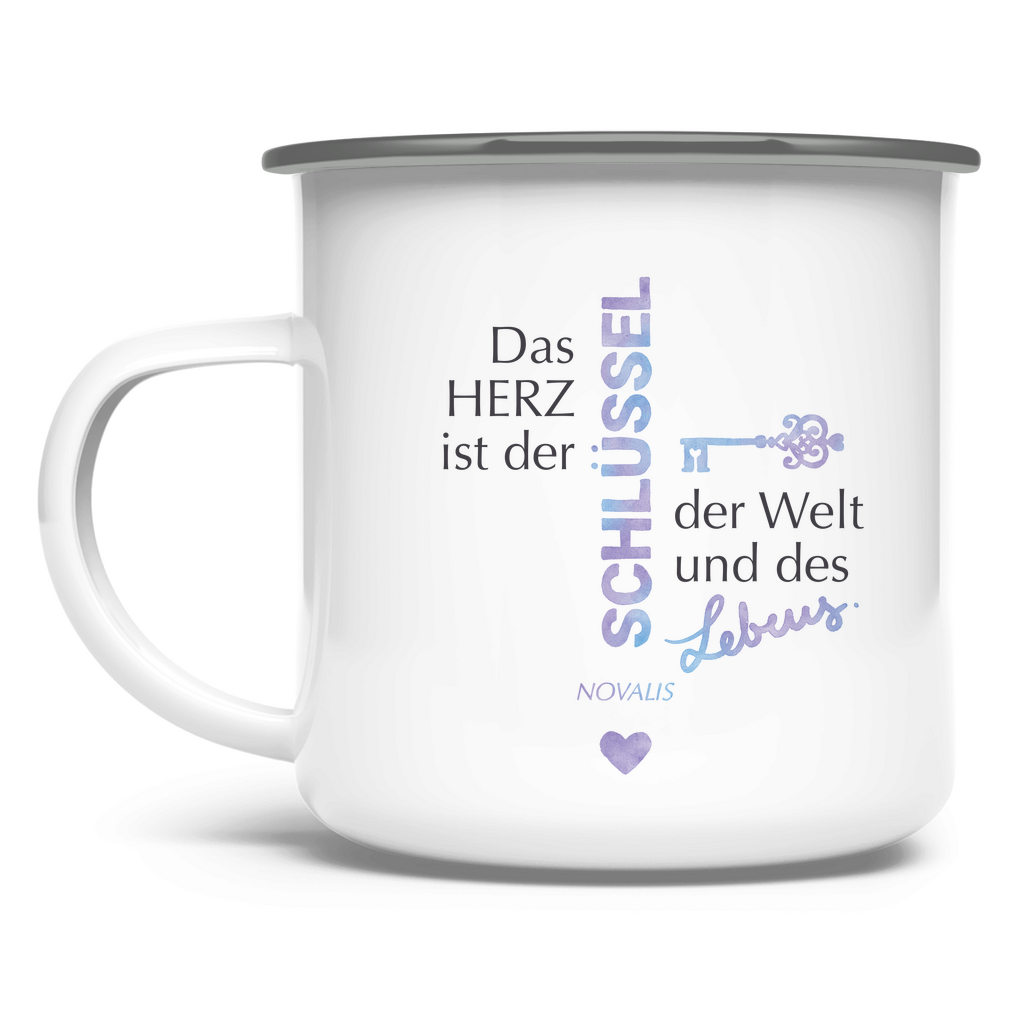 »Das Herz ist der Schlüssel...« – Emaille Tasse