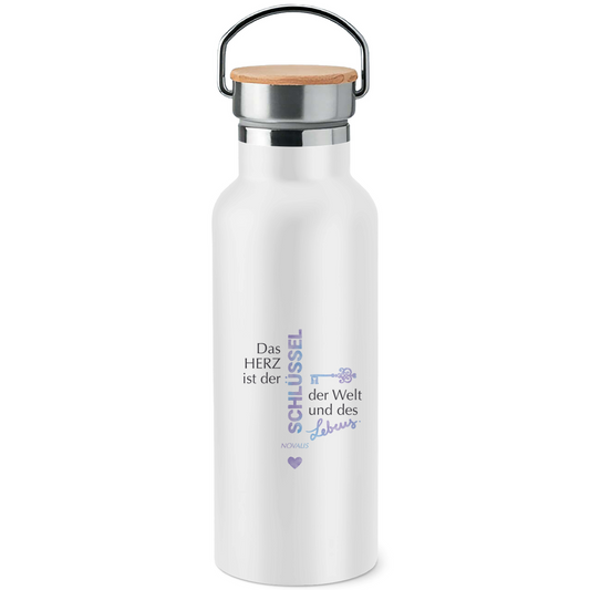 Edelstahl-Trinkflasche mit Bambusdeckel – »Das Herz ist der Schlüssel...«