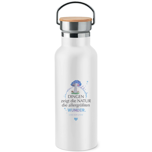Edelstahl-Trinkflasche mit Bambusdeckel – »...die allergrößten Wunder.«