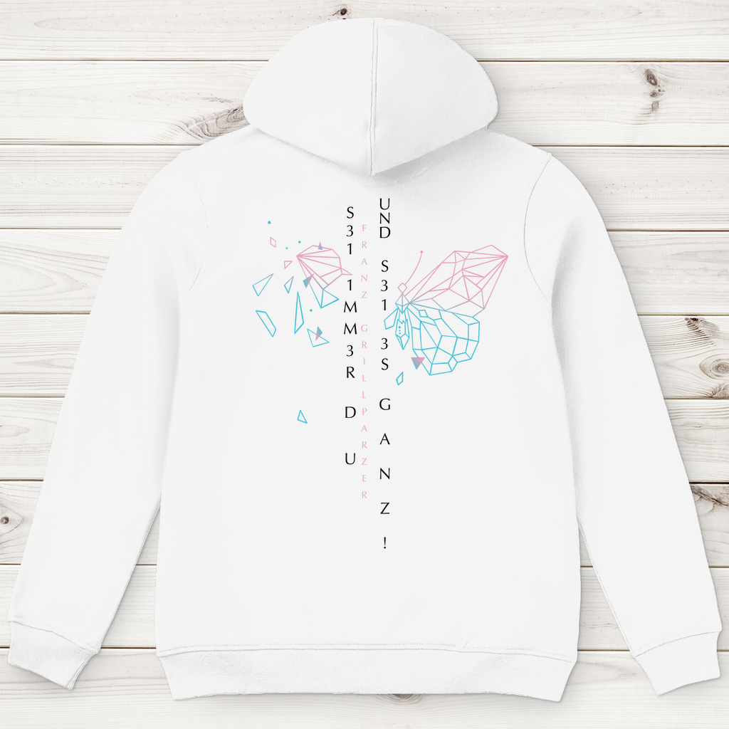 »Sei immer du und sei es ganz!« – Premium Bio Hoodie für Männer mit Code-Regen Grillparzer