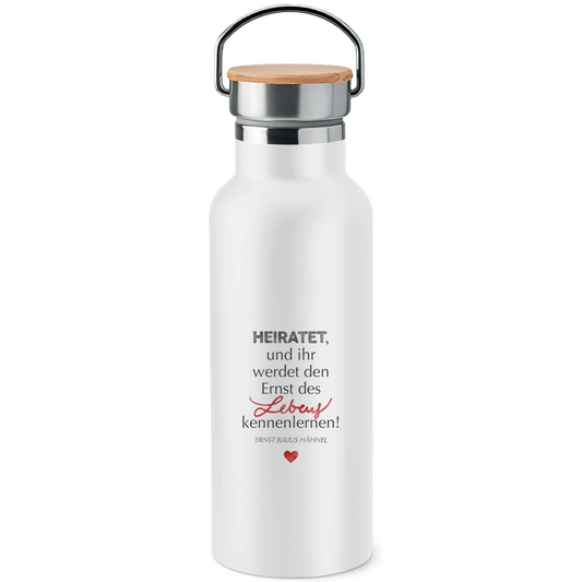 Edelstahl-Trinkflasche mit Bambusdeckel – »Heiratet...«