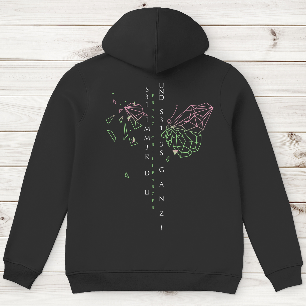 »Sei immer du und sei es ganz!« – Premium Bio Hoodie für Männer mit Code-Regen Grillparzer